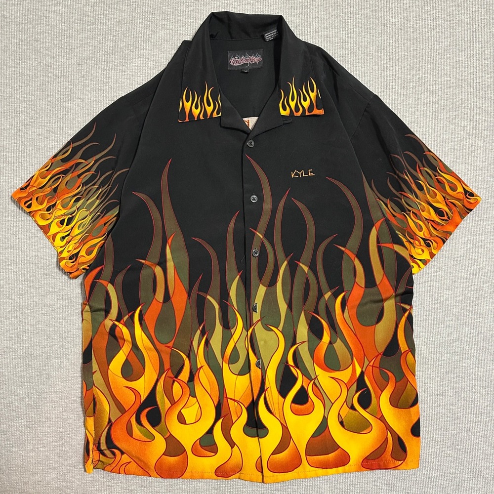 Sapphire Lounge Flame Print Button Up Shirt Kyle Lets Display Black Mens Size M
